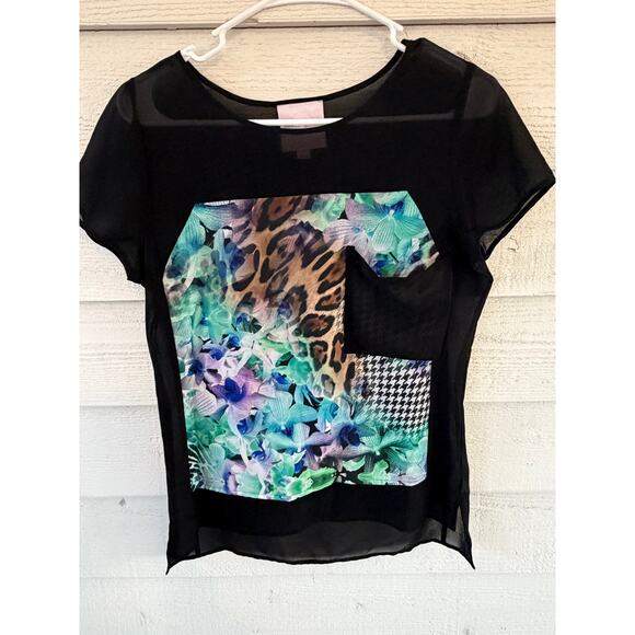 Romeo + Juliet Couture Sheer Black Graphic Blouse XS Floral Leopard Top - Picture 2 of 8